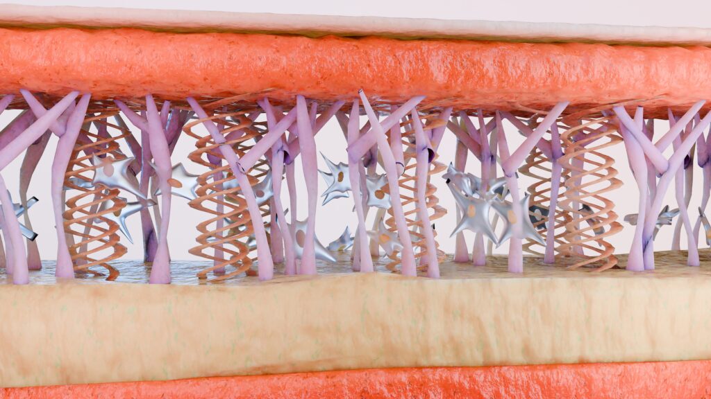 진피층에서 생성되는 콜라겐과 엘라스틴이 나이가 들수록 이 두 가지 성분의 생성 속도는 점점 느려지고, 기존에 형성된 구조도 서서히 약해지면서 피부는 자연스럽게 처지고 탄력을 잃는 과정을 겪게 됩니다.