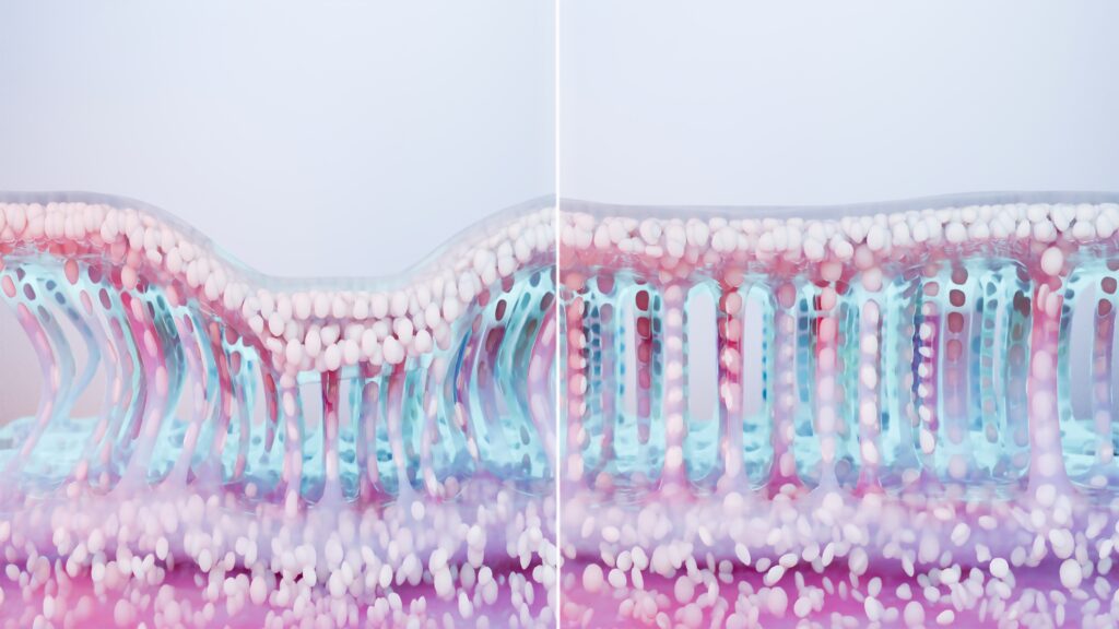 얼굴 중심부를 지탱하던 지방층이 점차 얇아지고, 이를 받쳐주던 콜라겐 구조 역시 서서히 약해지게 되어 탄력이 떨어짐